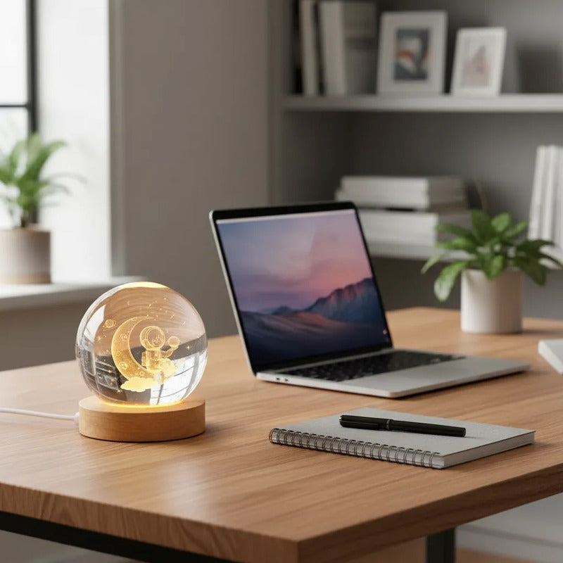 Lampara Veladora Bola Cristal Luz Led 3d Usb Madera Astronauta 1