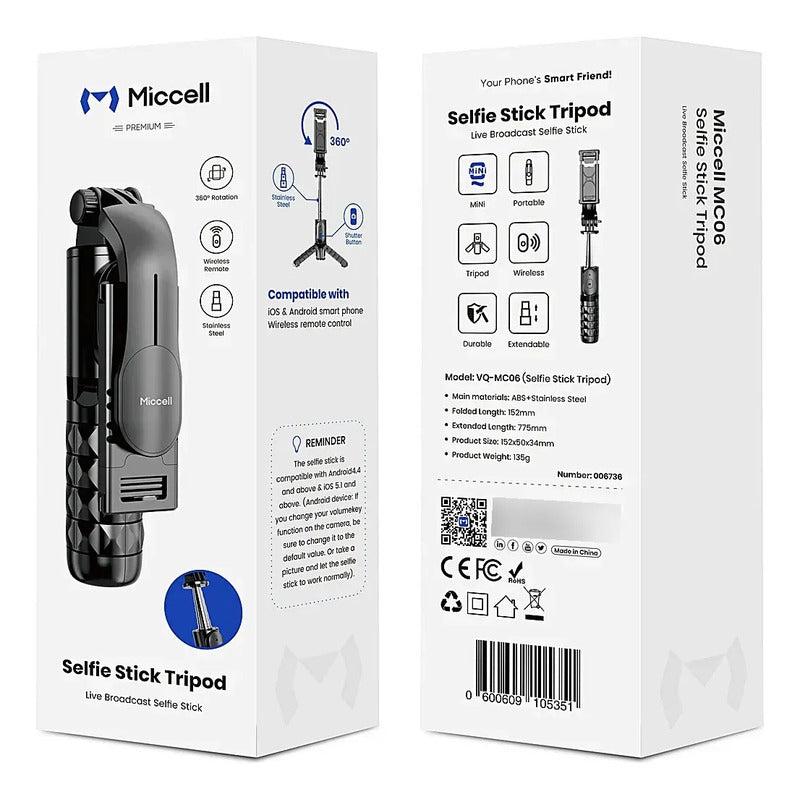 Palo Selfie Extensible Blueooth Trípode Miccell Disparador Negro