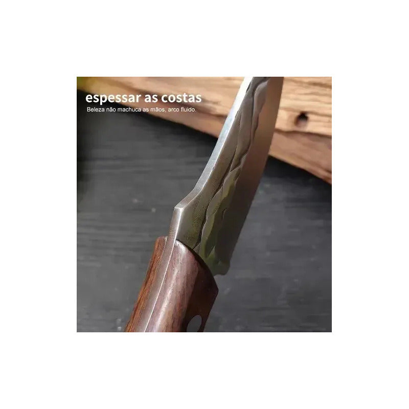 Cuchillo, Puñal Hoja Martillada Con Funda De Cuero Bordó