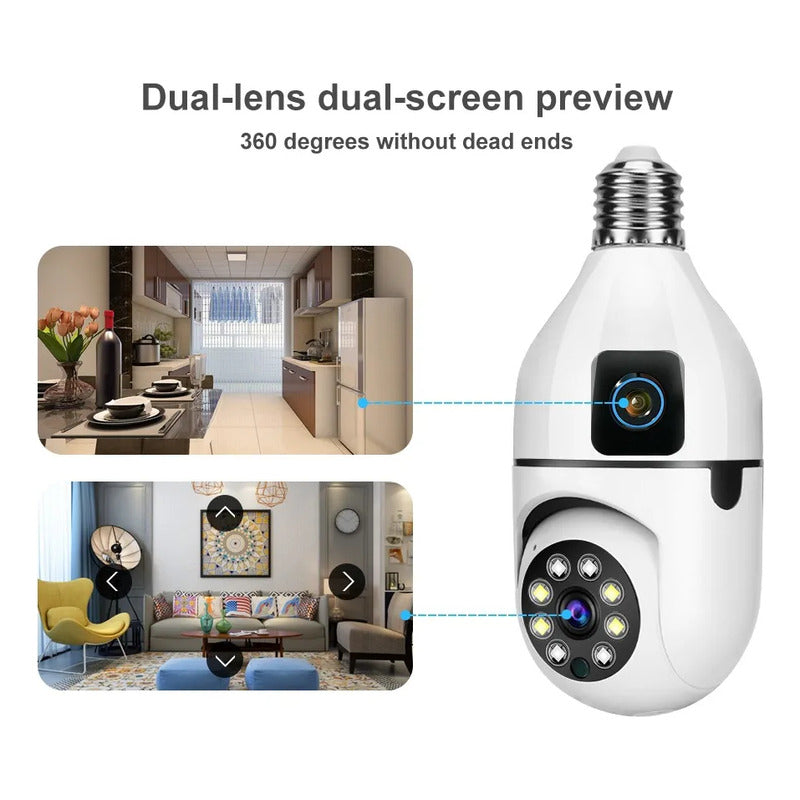 Cámara Seguridad Doble Lente 2mp Inalámbrica Wifi Rosca E27 Blanco