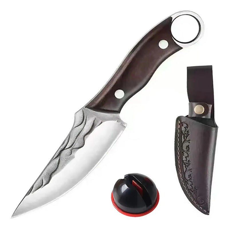 Cuchillo, Puñal Hoja Martillada Con Funda De Cuero Bordó