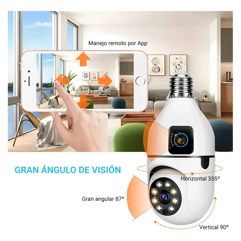 Cámara Seguridad Doble Lente 2mp Inalámbrica Wifi Rosca E27 Blanco