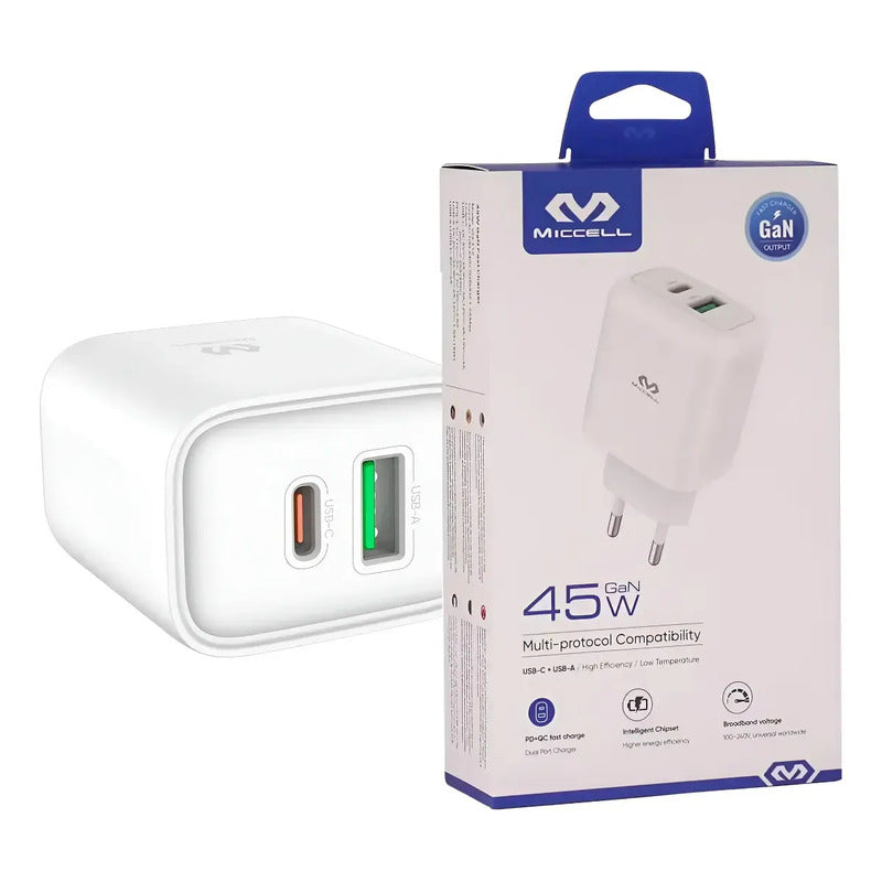 Cargador Usb Tipo C + Usb A 45w Apto Para Ceibalita Usb C Blanco