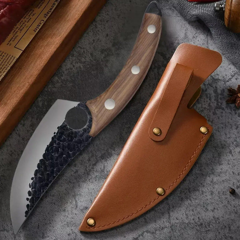 Cuchillo Chef De Cocina Hoja Martillada Con Funda Cuerina Negro