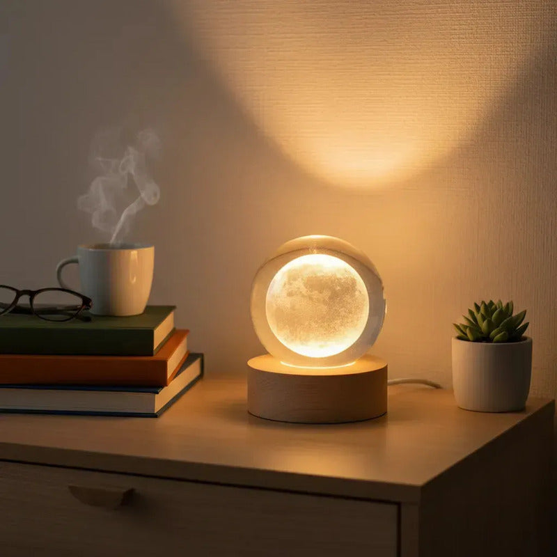 Lampara Veladora Bola Cristal Luz Led 3d Usb Madera Luna