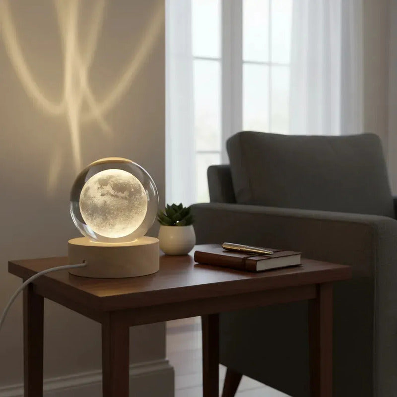 Lampara Veladora Bola Cristal Luz Led 3d Usb Madera Luna