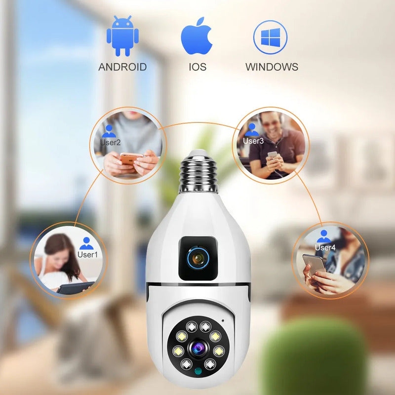 Cámara Seguridad Doble Lente 2mp Inalámbrica Wifi Rosca E27 Blanco