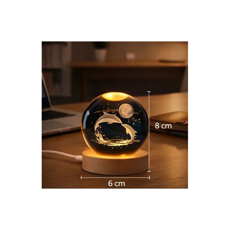 Lampara Veladora Bola Cristal Luz Led 3d Usb Madera Delfines