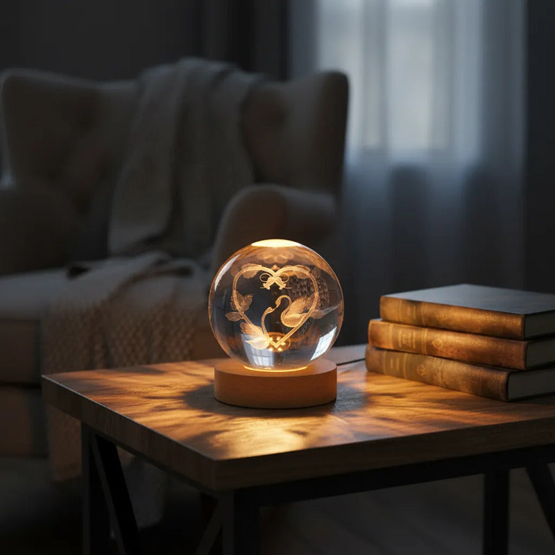 Lampara Veladora Bola Cristal Luz Led 3d Usb Madera Cisnes