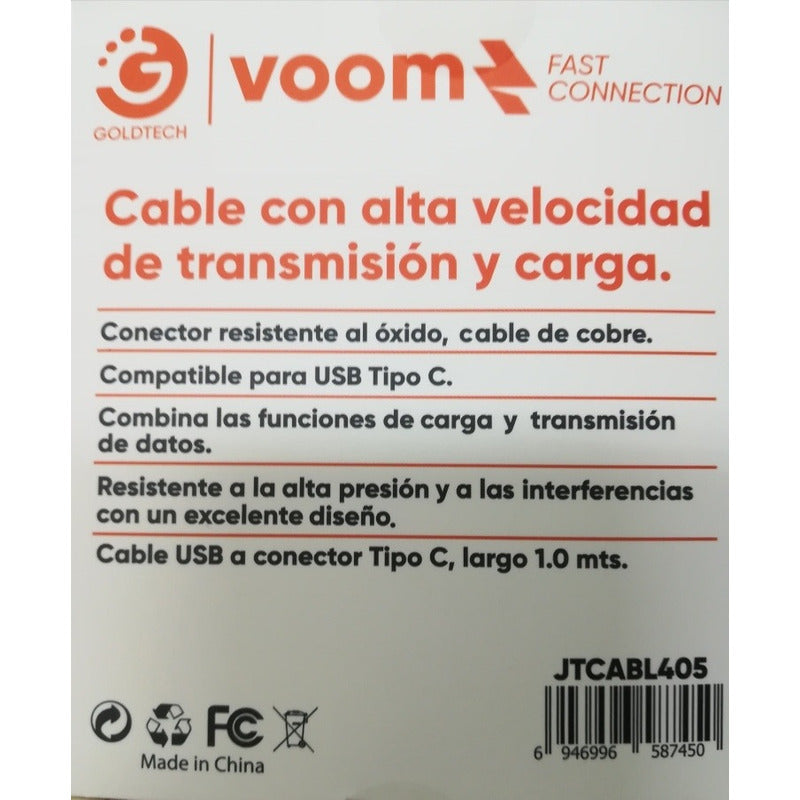 Cable Usb Tipo C. Goldtech. Gran Canal.  Blanco