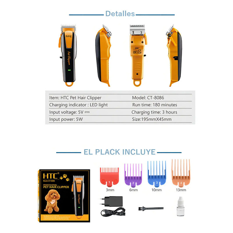 Cortapelo Htc Mascotas Perro Gato Con Accesorios. Recargable Naranja/negro