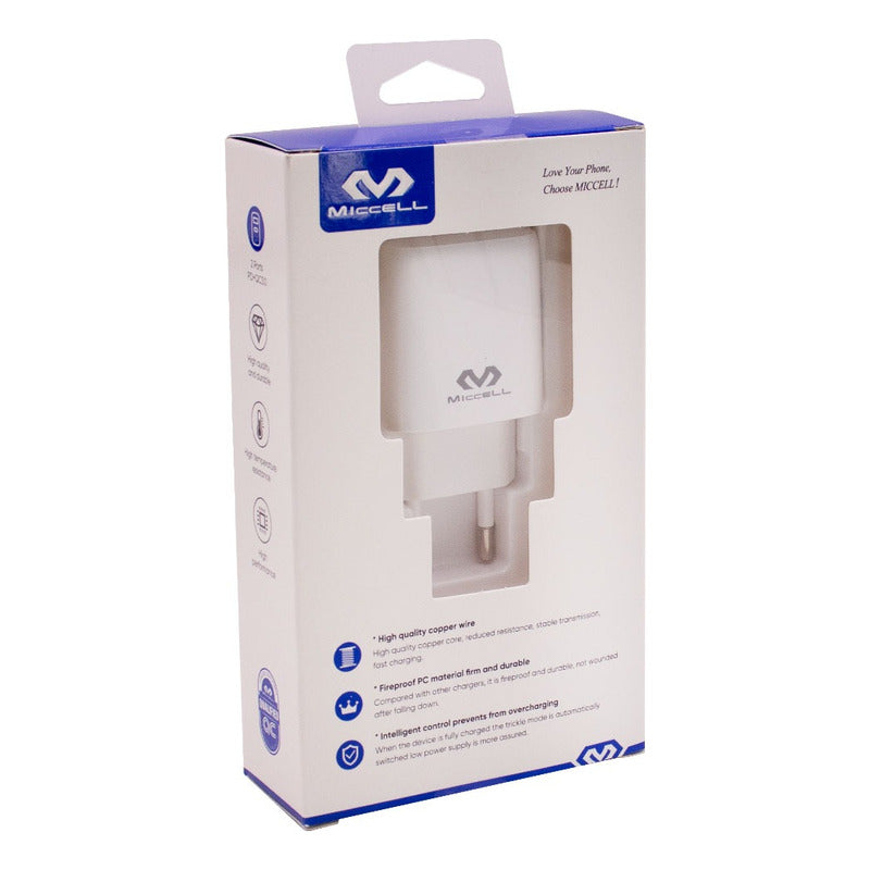 Adaptador, Cargador 220v A Usb + Usb C 20w Miccell. Blanco