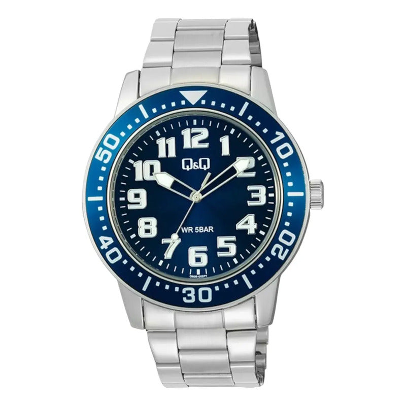 Reloj Q&q Metal Hombre 45mm Q60b-002py Plateado Acero Azul
