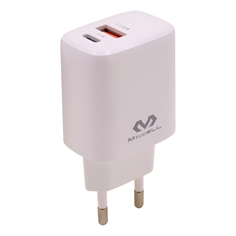Adaptador, Cargador 220v A Usb + Usb C 20w Miccell. Blanco