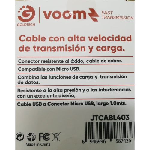 Cable Micro Usb. Goldtech. Gran Canal.  Blanco