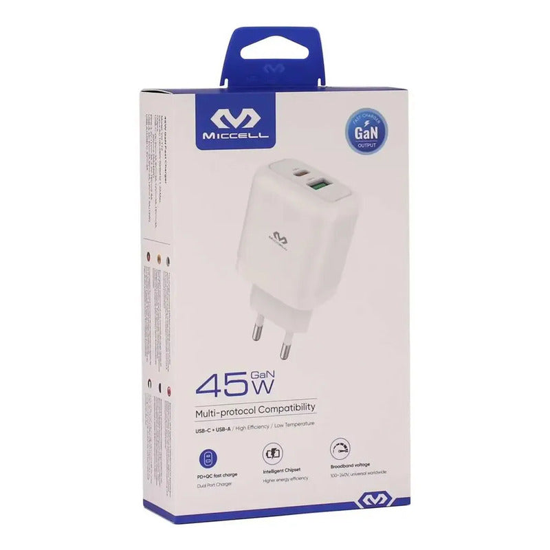 Cargador Usb Tipo C + Usb A 45w Apto Para Ceibalita Usb C Blanco