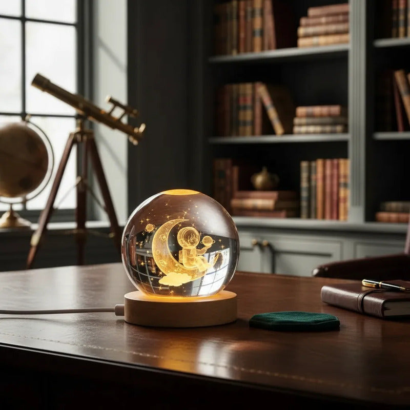 Lampara Veladora Bola Cristal Luz Led 3d Usb Madera Astronauta 1