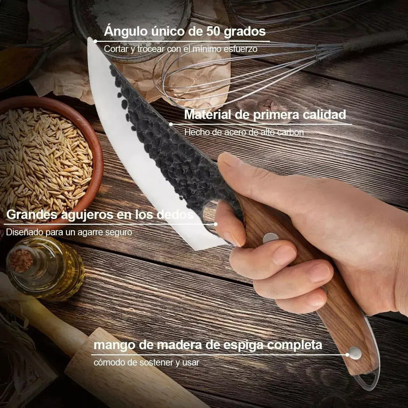 Cuchillo Chef De Cocina Hoja Martillada Con Funda Cuerina Negro