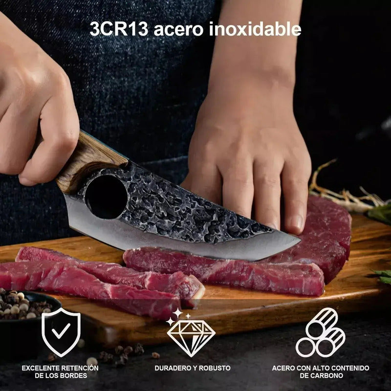 Cuchillo Chef De Cocina Hoja Martillada Con Funda Cuerina Negro