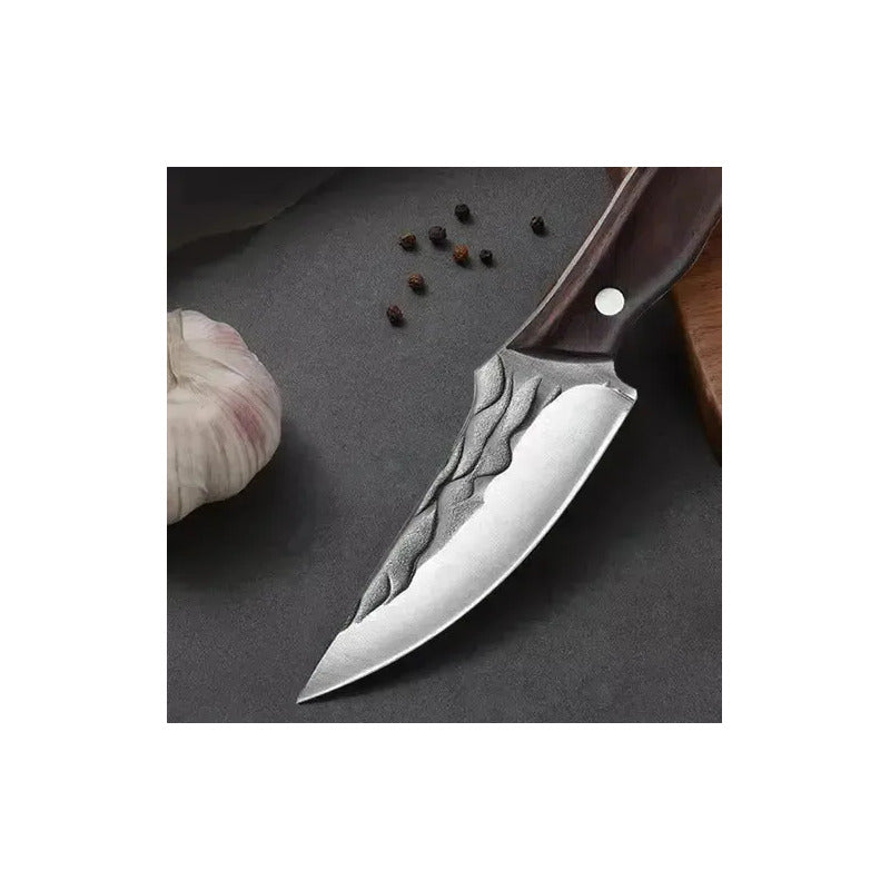 Cuchillo, Puñal Hoja Martillada Con Funda De Cuero Bordó