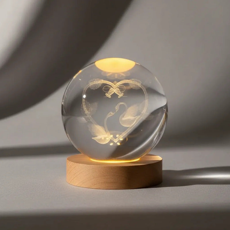 Lampara Veladora Bola Cristal Luz Led 3d Usb Madera Cisnes