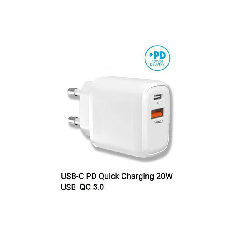 Adaptador, Cargador 220v A Usb + Usb C 20w Miccell. Blanco