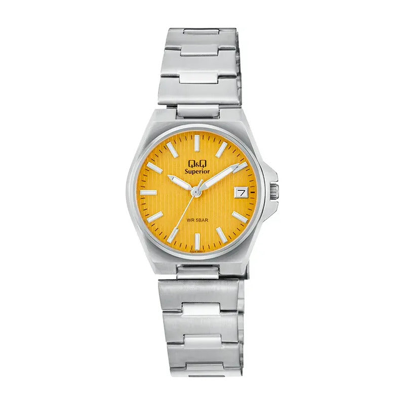 Reloj Qyq Dama Metal Con Calendario S22a005vy Plateado Amarillo