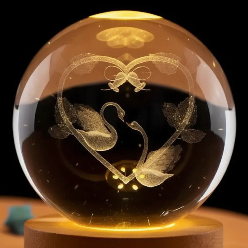 Lampara Veladora Bola Cristal Luz Led 3d Usb Madera Cisnes