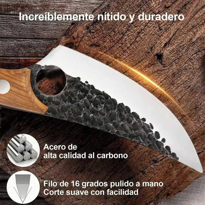 Cuchillo Chef De Cocina Hoja Martillada Con Funda Cuerina Negro