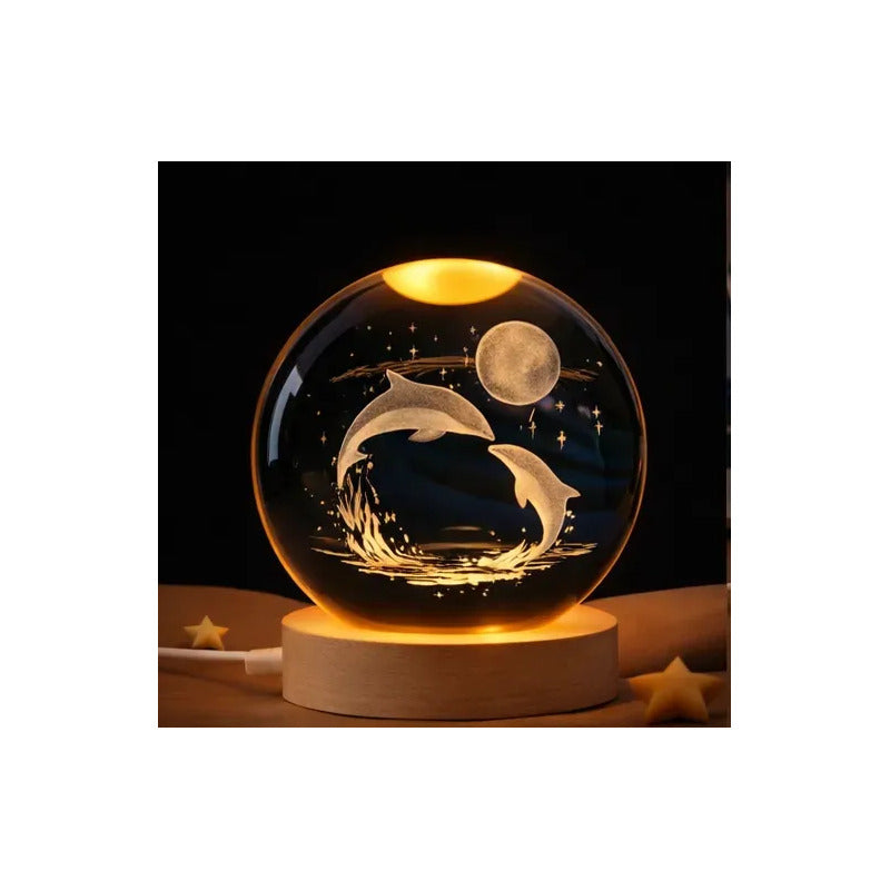 Lampara Veladora Bola Cristal Luz Led 3d Usb Madera Delfines
