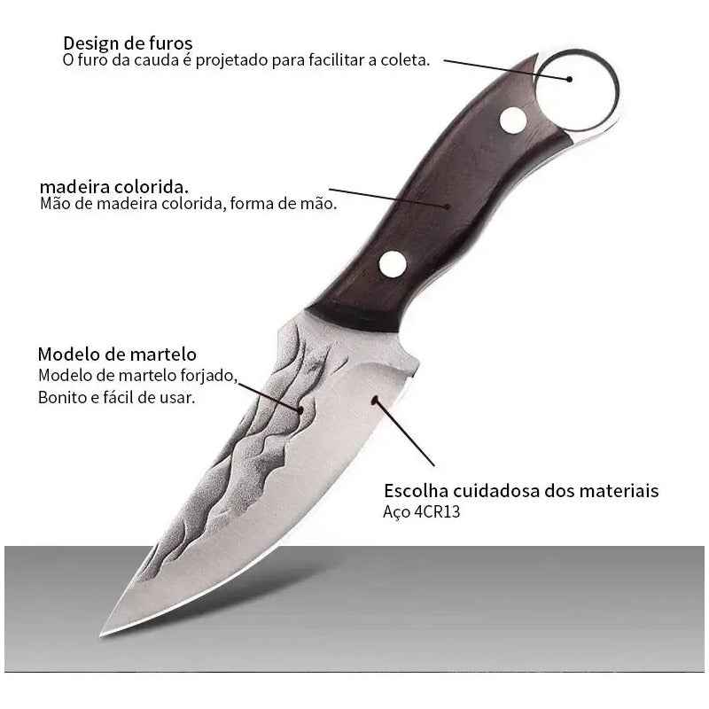 Cuchillo, Puñal Hoja Martillada Con Funda De Cuero Bordó