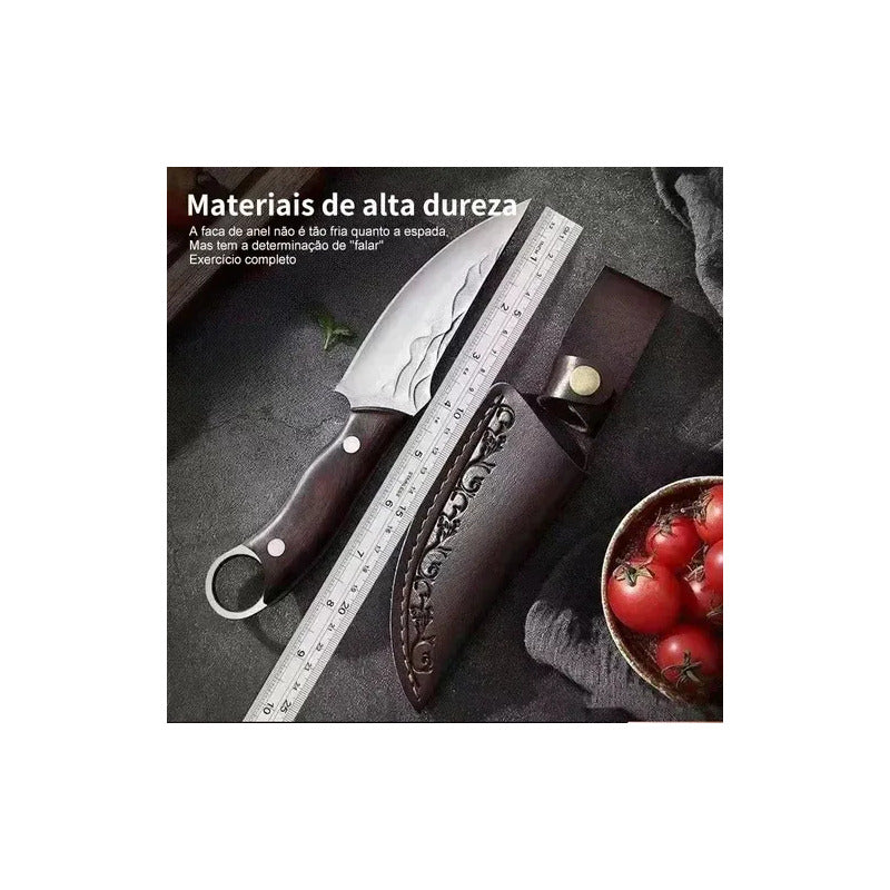 Cuchillo, Puñal Hoja Martillada Con Funda De Cuero Bordó