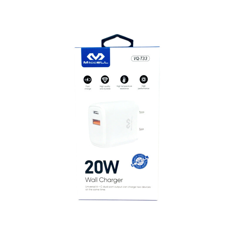 Adaptador, Cargador 220v A Usb + Usb C 20w Miccell. Blanco