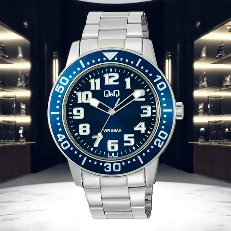 Reloj Q&q Metal Hombre 45mm Q60b-002py Plateado Acero Azul