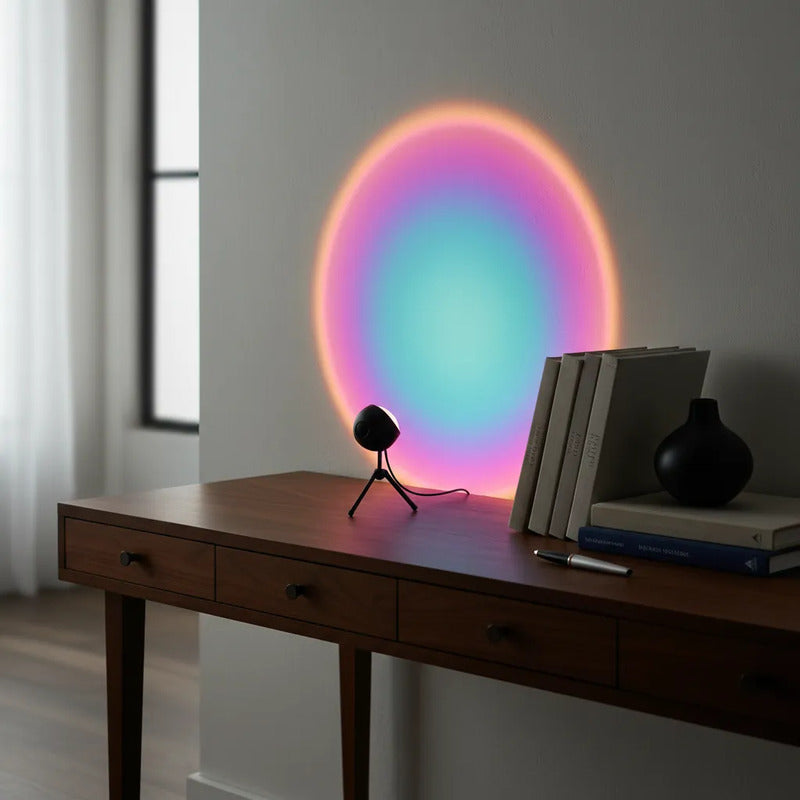 Lampara Mesa Escritorio Atardecer Sunset Flor Proyector Usb Negro Rainbow