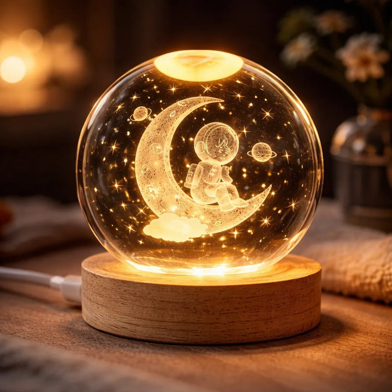 Lampara Veladora Bola Cristal Luz Led 3d Usb Madera Astronauta 1