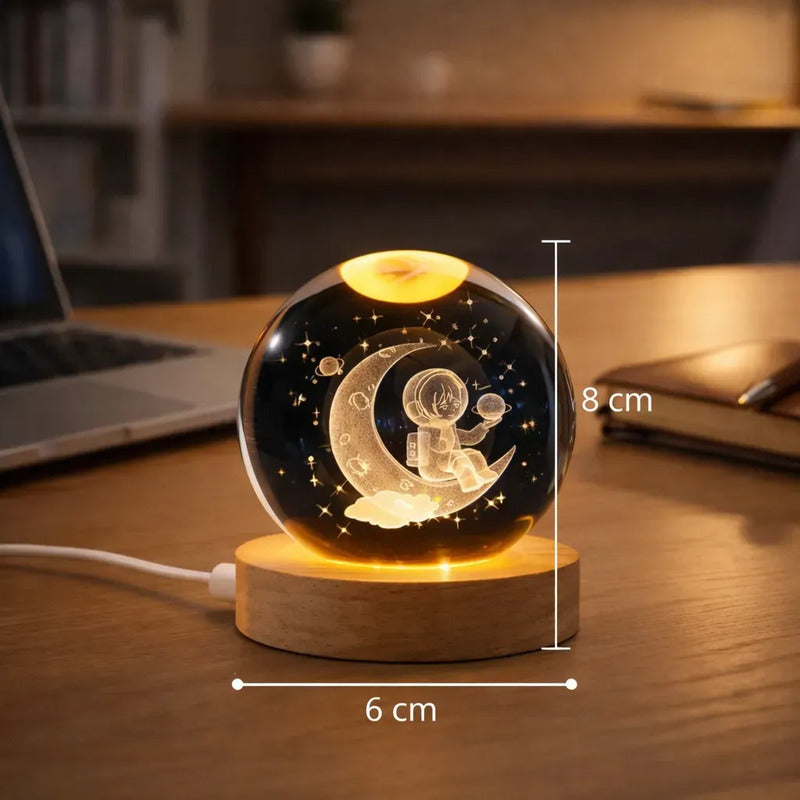 Lampara Veladora Bola Cristal Luz Led 3d Usb Madera Astronauta 1
